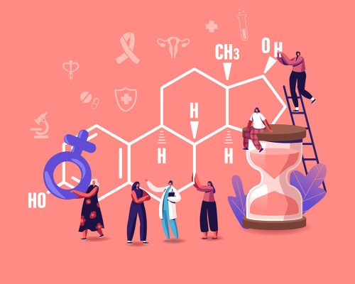 Tiny Female Characters Patients and Doctor front of Huge Estrogen Formula. Girl Sitting on Hourglass, Holding Venus Sign. Hormones Health, Diagnostics and Treatment. Cartoon People Vector Illustration